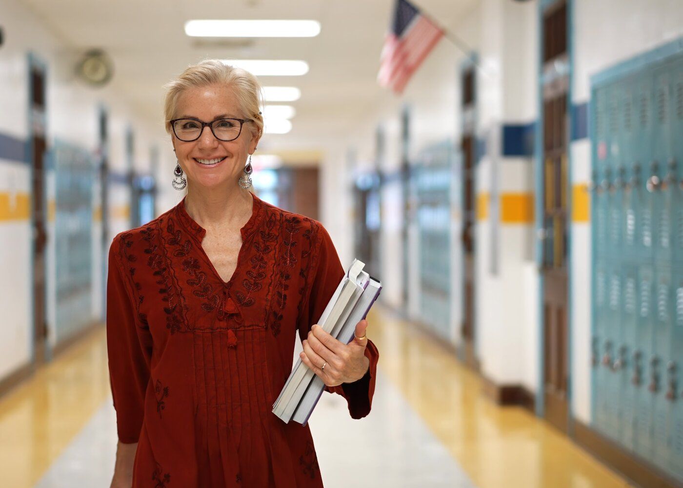 Happy teacher hallway